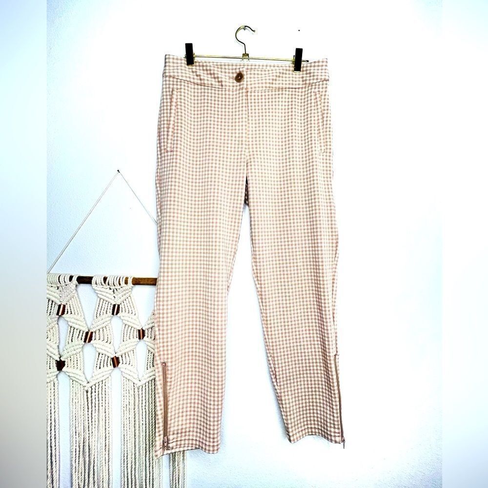 Betabrand Beige & cream check yoga Pants Medium Petite / MP